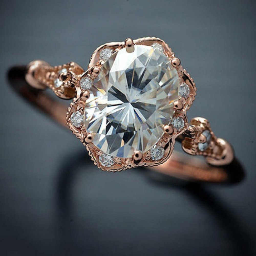 Rose Gold Halo Solitaire Ring with Clear Center Stone